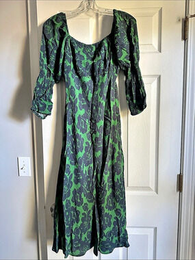 Peter Som Scoop Neck Midi Dress Floral Green & Navy Size 4